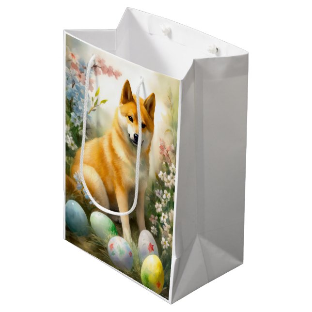Sacola Para Presentes Média Shiba Inu com Feriado de Ovos de Páscoa (Frente inclinada)