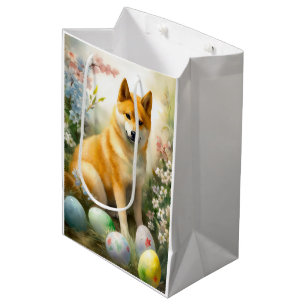 Sacola Para Presentes Média Shiba Inu com Ovos de Páscoa Feriado