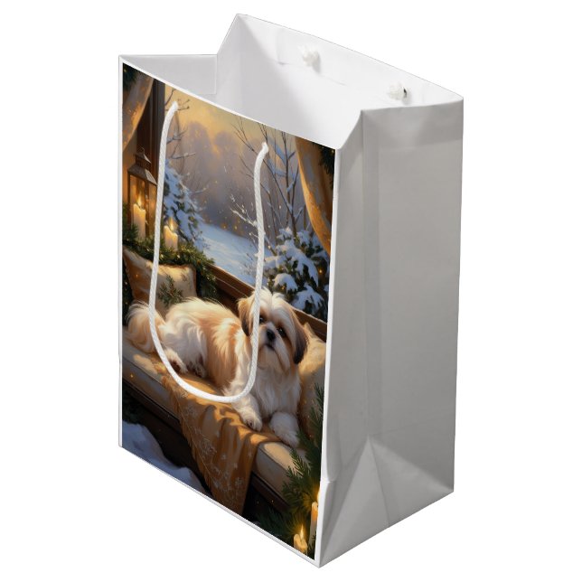 Sacola Para Presentes Média Shih Tzu com Férias das Luzes de Natal (Frente inclinada)