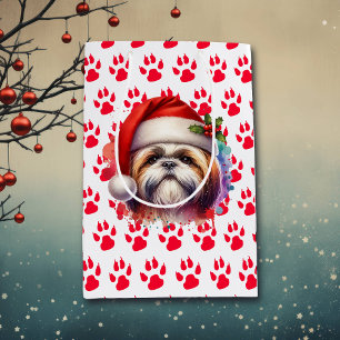 Sacola Para Presentes Média Shih Tzu Dog no Natal de Santa Hat