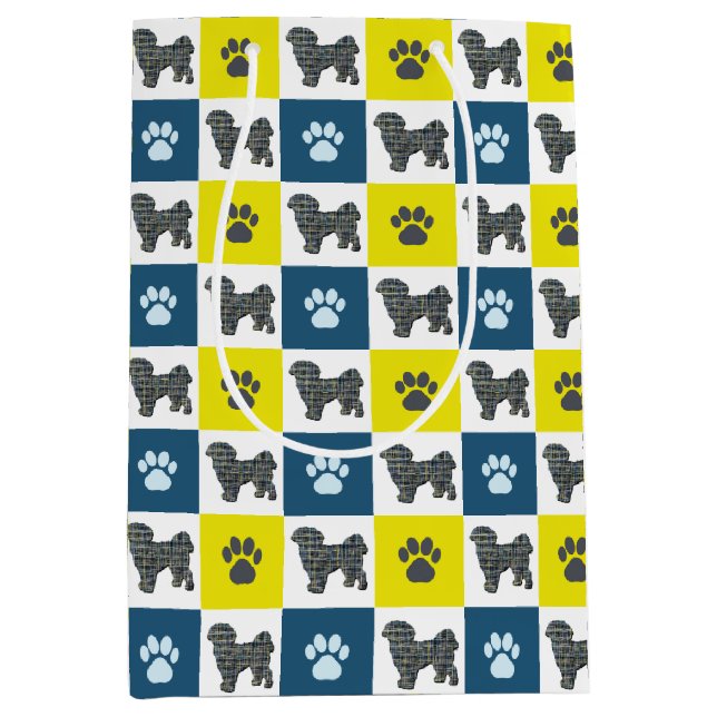 Sacola Para Presentes Média Shih Tzu Dog & Paw Print Yellow Grid Silhout (Frente)