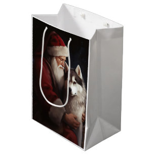 Sacola Para Presentes Média Siberian Husky com Papai Noel Natal Festivo