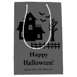 Sacola Para Presentes Média Silhueta de Casa Assombrada Feliz Halloween