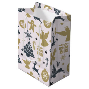 Sacola Para Presentes Média Silhueta de Natal Elegante de ouro e azul
