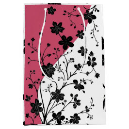 Sacola Para Presentes Média Silhueta Floral Preta Elegante a Rosa e Branco