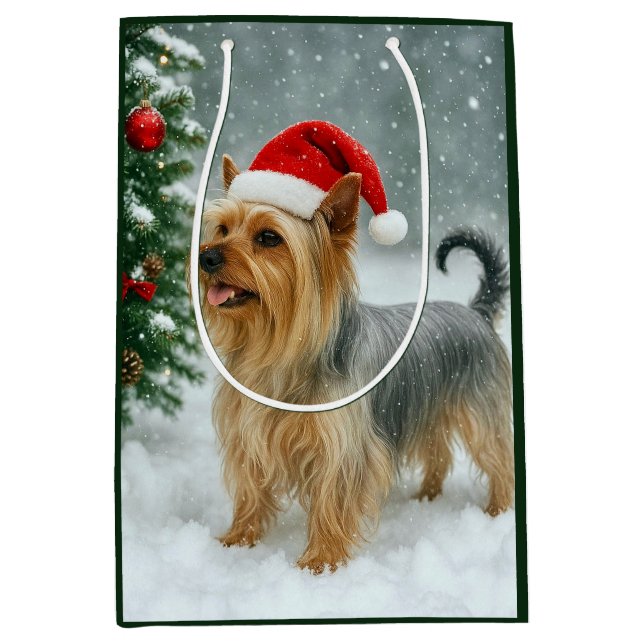 Sacola Para Presentes Média Silky Terrier Holiday Card (Frente)