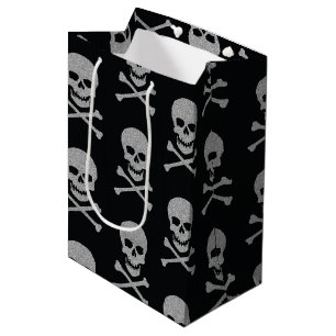 Sacola Para Presentes Média Silver Skull e Crossbones Halloween