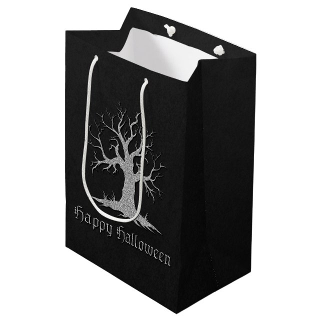 Sacola Para Presentes Média Silver Spooky Tree Halloween (Frente inclinada)