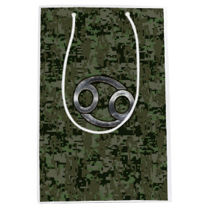Sacola Para Presentes Média Símbolo Zodiac do cancer na Camo Digital Verde