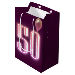 Sacola Para Presentes Média Sinal de Neon de 50º aniversário e balão