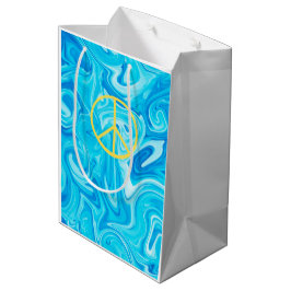 Sacola Para Presentes Média Sinal de Paz Groovy Pintura Amarelo Azul Colorido 