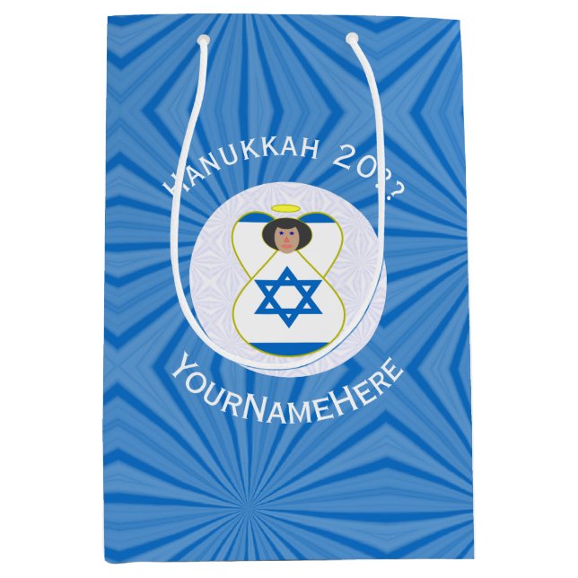 Sacola Para Presentes Média Sinalizador Israelita Anjo Hanukkah Personalizado (Frente)