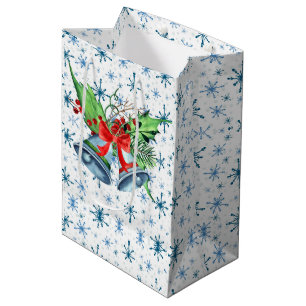 Sacola Para Presentes Média Sinos de Natal prateados, Holly e Flocos de Neve A