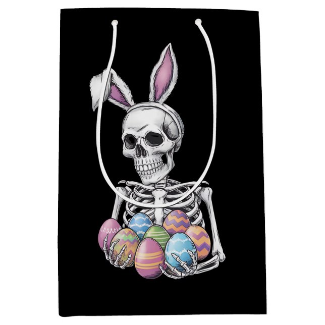 Sacola Para Presentes Média Skeleton Bunny Segurando Ovos De Páscoa Coelho Eng (Frente)