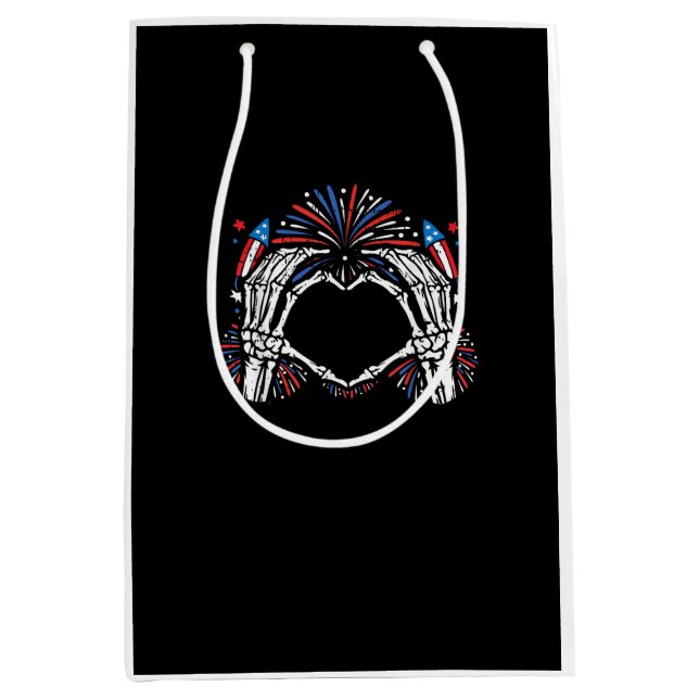 Sacola Para Presentes Média Skeleton Hand Heart EUA Patriotic American (Frente)