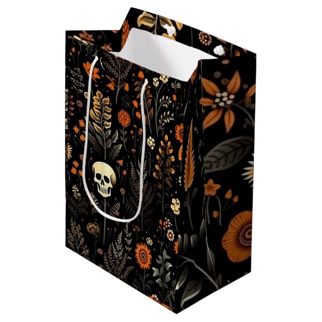 Sacola Para Presentes Média Skulls Flowers e Greenery Black Halloween (Frente inclinada)
