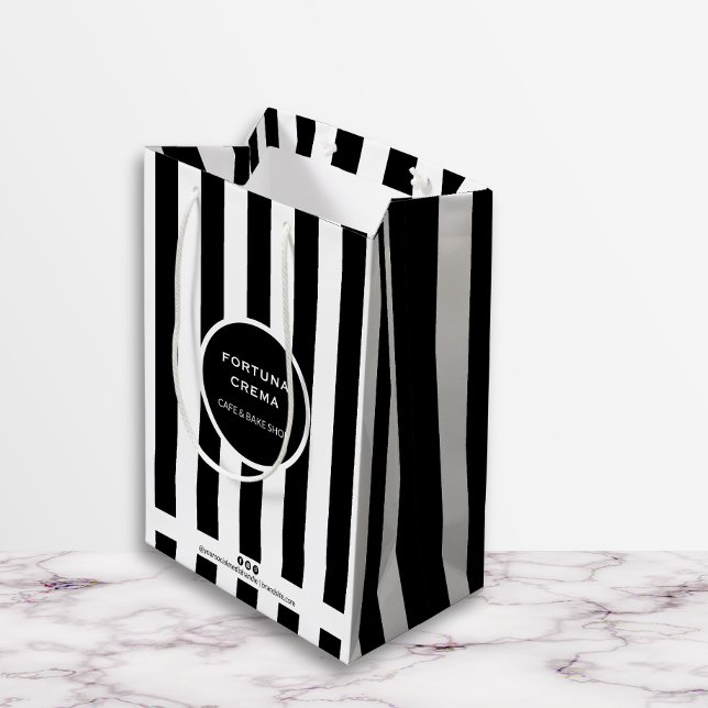 Sacola Para Presentes Média Sleek Black & White Stripes Small Business Brand (Criador carregado)