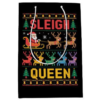 Sacola Para Presentes Média Sleigh Queen Christmas Santa Reindeer Ugly Sweater