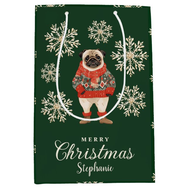 Sacola Para Presentes Média Snowflakes Pug Dog Green Christmas Gift Bag (Frente)