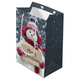 Sacola Para Presentes Média Snowman a segurar um Sinal de Natal Feliz