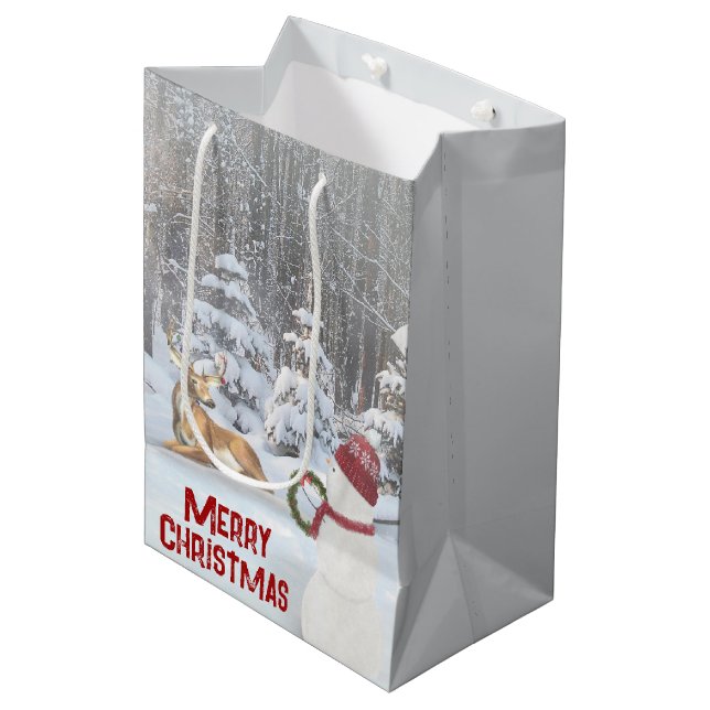 Sacola Para Presentes Média Snowman de Natal com Deer (Frente inclinada)