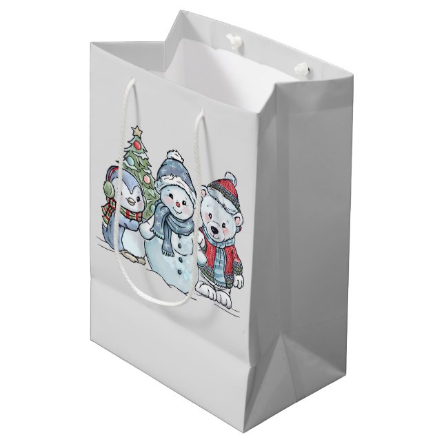 Sacola Para Presentes Média Snowman e Amigos de Natal (Frente inclinada)