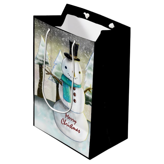 Sacola Para Presentes Média Snowman Whimsical no Desenho de Natal (Frente inclinada)