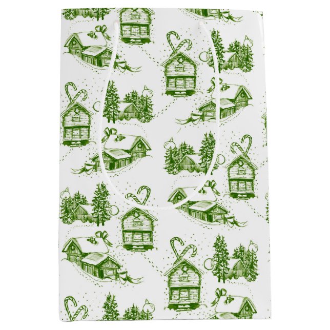 Sacola Para Presentes Média Snowy Christmas Toile | Saco verde para presentes  (Frente)