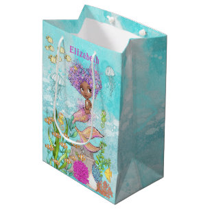 Sacola Para Presentes Média Sob o Mar Pequeno Sereia Marrom Aniversário
