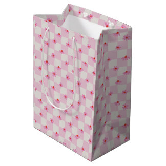 Sacola Para Presentes Média Soft Pink Daisy Checkerboard Floral Pattern