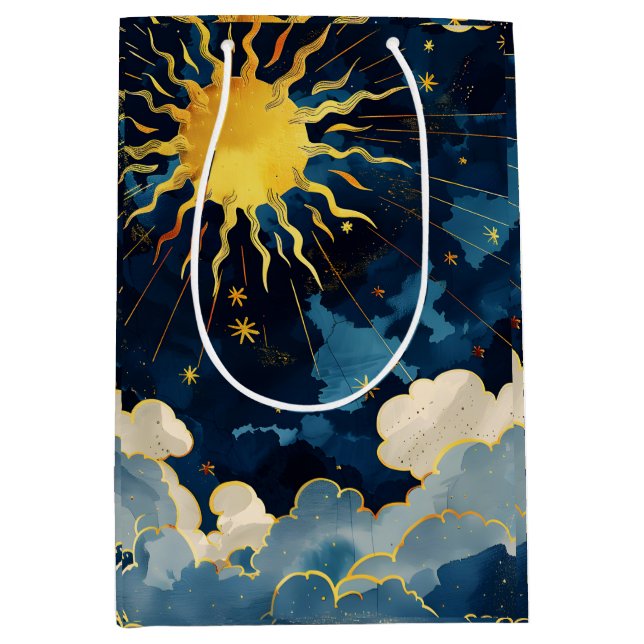 Sacola Para Presentes Média Sol Celeste Moderno Estrelas e Nuvens Azuis (Frente)