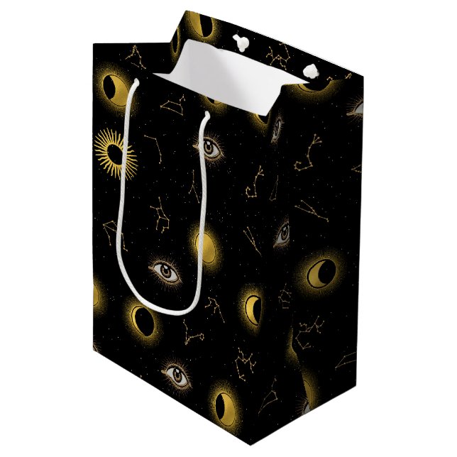 Sacola Para Presentes Média Sol Celestial Dourado Negro e Lua (Frente inclinada)
