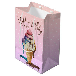 Sacola Para Presentes Média Sorvete De Aniversário Cone Em Bolinhas