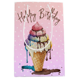 Sacola Para Presentes Média Sorvete De Aniversário Cone Em Bolinhas