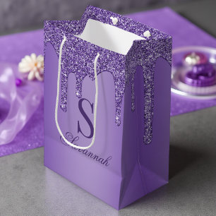 Sacola Para Presentes Média Sparkle Purple Glitter Drips Monogram