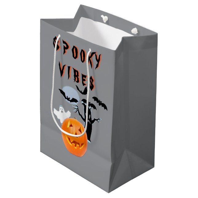 Sacola Para Presentes Média Spookes Vibes Ghost Pumpkin Halloween Design (Frente inclinada)