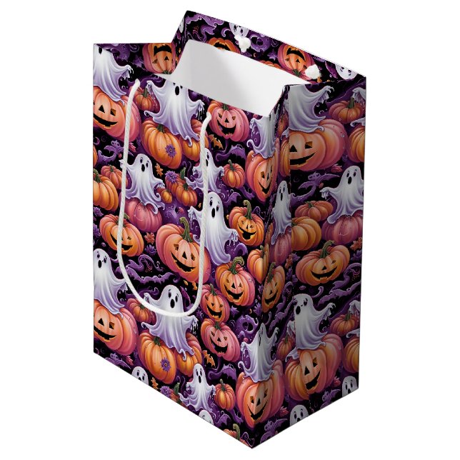 Sacola Para Presentes Média Spooky Ghosts and Pumpkins Halloween Pattern (Frente inclinada)