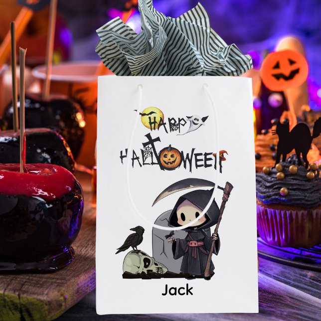 Sacola Para Presentes Média Spooky Grim Reaper Graveyard Crow Gothic Halloween (Criador carregado)