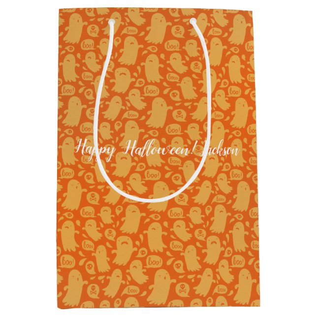 Sacola Para Presentes Média Spooky Orange Ghosts Halloween (Frente)