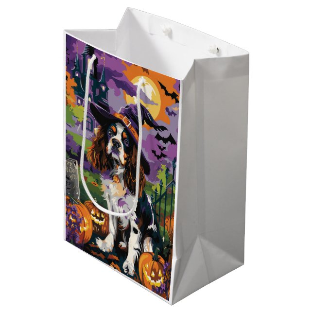 Sacola Para Presentes Média Spooky Springer Spaniel Halloween Pumpkin (Frente inclinada)