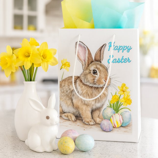 Sacola Para Presentes Média Springtime Happy Easter Rabbit  (Celebrate Easter with a charming bunny gift bag, pastel tissue, daffodils, and spring kitchen decor.)