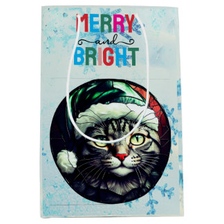 Sacola Para Presentes Média Stained-Glass Christmas Grey Tabby In Green Hat