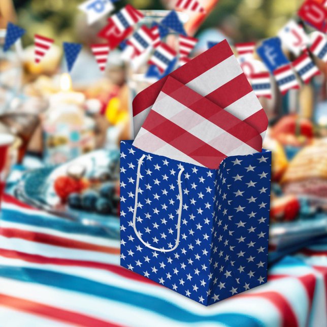 Sacola Para Presentes Média Star Spangled Silver Stars On Navy Blue Americana (Criador carregado)