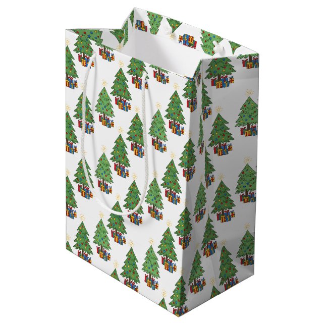 Sacola Para Presentes Média Star-topped Christmas Trees and Gifts Pattern (Verso inclinado)