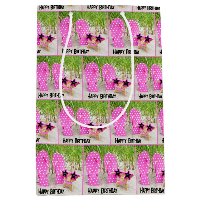 Sacola Para Presentes Média Starfish e Flip Flops Na Areia Praia (Frente)