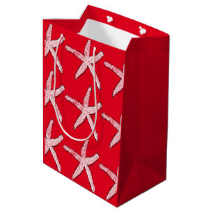 Sacola Para Presentes Média Starfish Pattern Beach Coastal Red Christmas