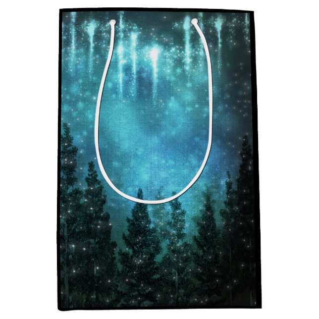 Sacola Para Presentes Média Starry Luzes Rustic Pine Trees Casamento (Frente)