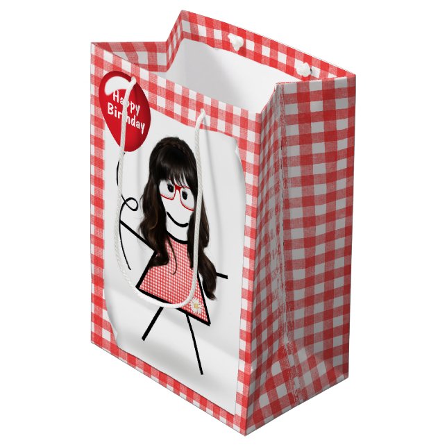 Sacola Para Presentes Média Stick Birthday Gingham Girl com Red Balloon (Frente inclinada)