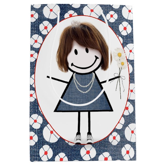 Sacola Para Presentes Média Stick Figure Girl on Denim and Daisies (Frente)