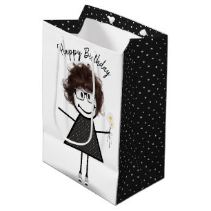 Sacola Para Presentes Média Stick Figure Girl with Daisies